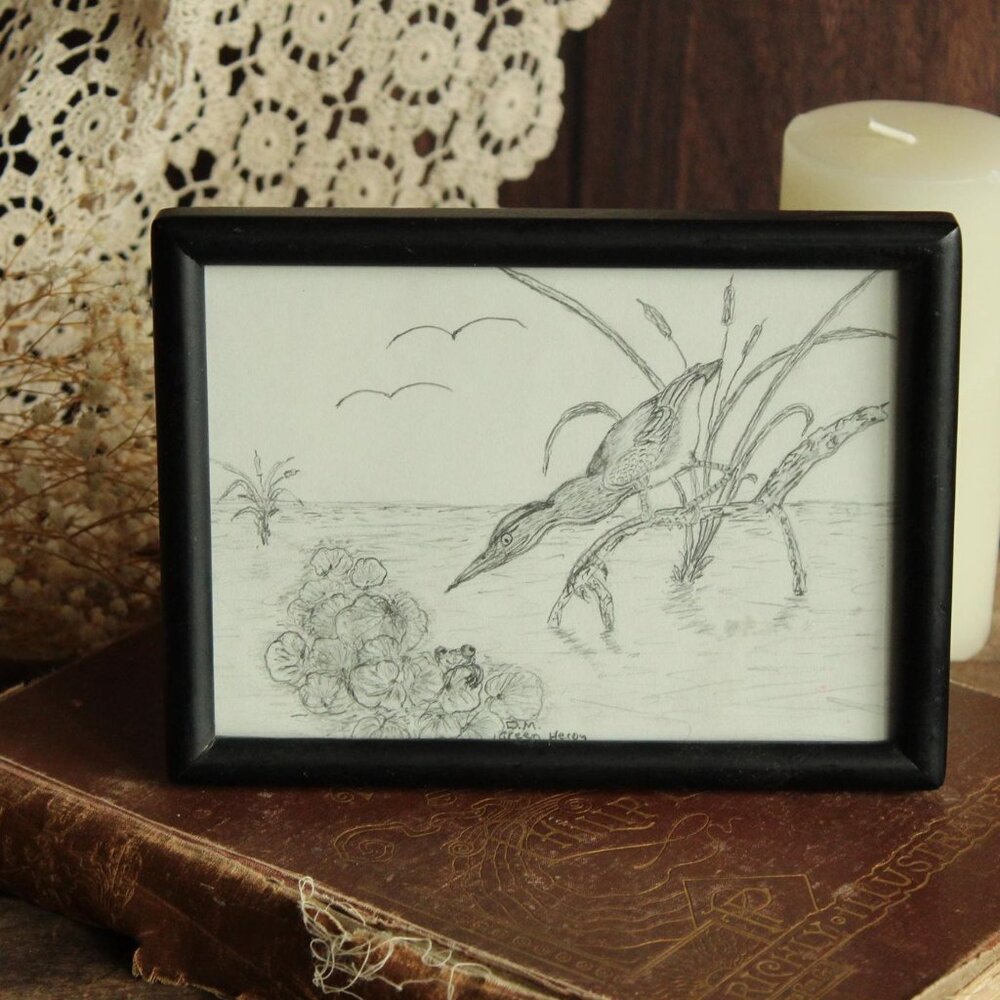 Vintage 1990s 2000s Framed Print, Pencil Sketch of Heron and Frog, Black Frame - Picture 1 of 14